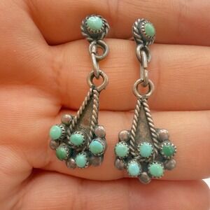 Vtg Zuni Petit Point  Dangle Earrings Blue Green Turquoise Native American